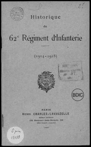 Historique du 62ème régiment d'infanterie