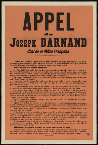 Appel de Joseph Darnand : chef de la milice française