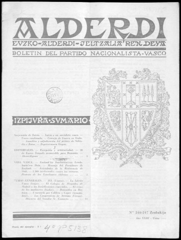 Alderdi (1969 : n° 246-255). Sous-Titre : Boletín del Partido nacionalista vasco