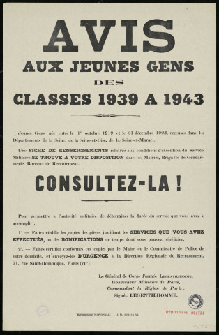 Avis aux jeunes gens des classes 1939 à 1943