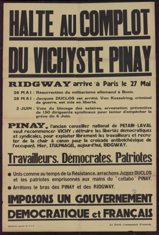 Halte au complot du Vichyste Pinay : imposons un gouvernement démocratique et français