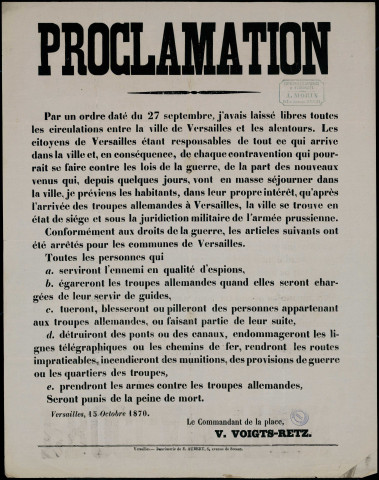 Proclamation : Toutes les personnes qui… Serviront l'ennemi… Seront punis de peine de mort