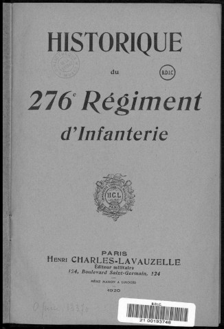 Historique du 276ème régiment d'infanterie