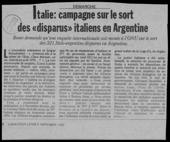 Coupures de presse. Sous-Titre : Fonds répression en Argentine
