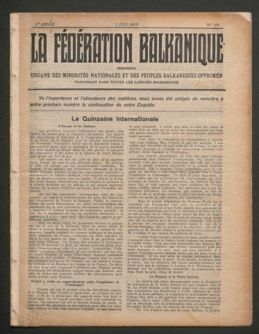 Juillet 1929 - La Fédération balkanique
