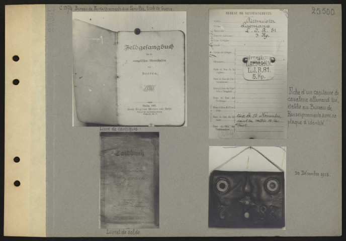 Fiche d'un capitaine de cavalerie allemand tué, établie au Bureau de Renseignements avec sa plaque d'identité