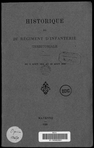 Historique du 26ème régiment territorial d'infanterie