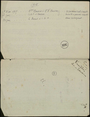 01 : Correspondance LDH. 9 mai au 24 juin 1915. Sous-Titre : Fusillés de Souain - Dossier Blanche Maupas