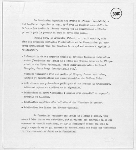 Lettre de demande d'aide financière. Coupures de presse concernant les activités du CADHU et la répression du gouvernement argentin, 1919-1981. Sous-Titre : Fonds Argentine