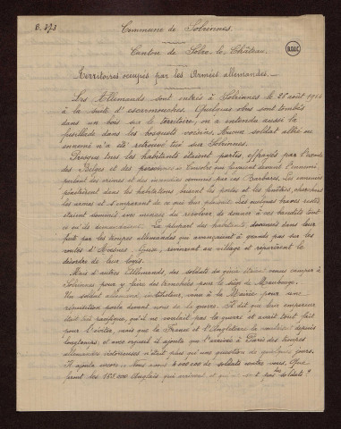 Solrinnes (59) : réponses au questionnaire sur le territoire occupé par les armées allemandes