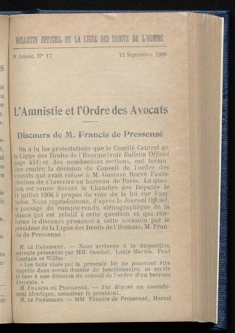 Septembre 1906 - Bulletin officiel de la Ligue des Droits de l'Homme