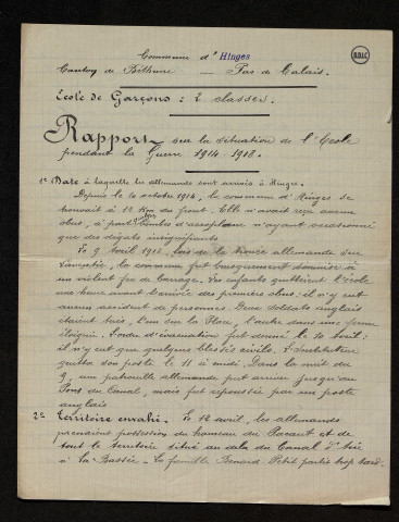 Circonscription de Béthune (62) : réponses au questionnaire portant sur le territoire occupé par les armées françaises et alliées