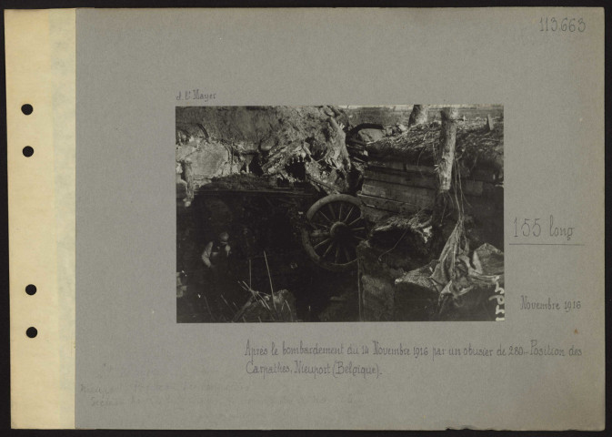 Nieuport (Belgique). 155 long après le bombardement du 14 novembre 1916 par un obusier de 280. Position des Carpathes