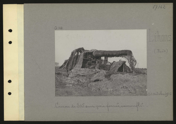 Lihons (près). Canon de 305 sur voie ferrée, camouflé