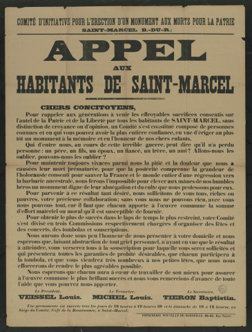 Appel aux habitants de Saint-Marcel & en vue d'ériger au plus tôt un monument à la mémoire et en l'honneur de nos chers enfants