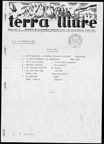 Terra Lliure (1971 : n° 1-3). Sous-Titre : Butlletí de la Regional Catalana C.N.T [puis] Butlletí interior de l'Agrupació Catalana C.N.T. (Exterior)