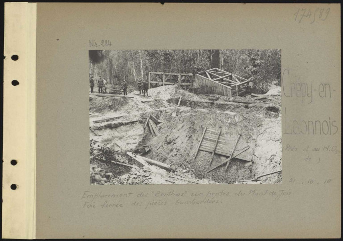Crépy-en-Laonnois (près et au nord-ouest de). Emplacement des "Berthas" sur pentes du Mont-de-Joie. Voie ferrée des pièces bombardées