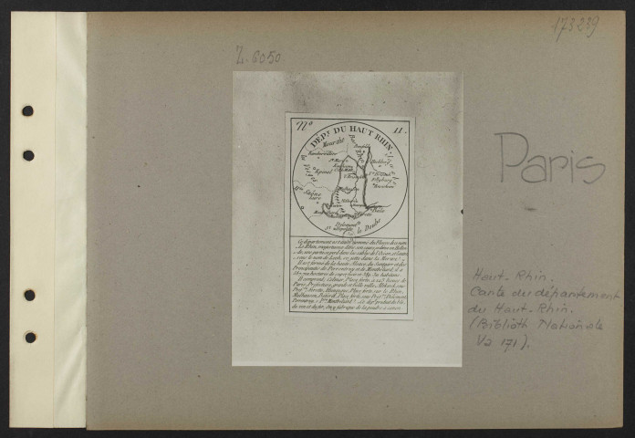 Paris. Haut-Rhin. Carte du département du Haut-Rhin (Bibliothèque nationale Va 171)