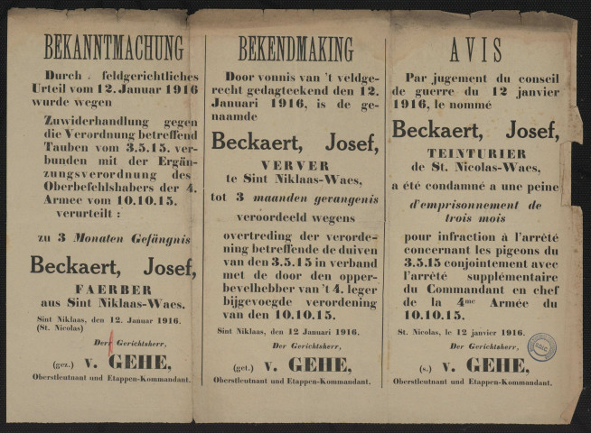 Durch feldgerichtliches Urteil...amp; zu 3 Monaten Gefängnis = Door vonnis van't veldgerecht gedagteekend...amp; tot 3 maanden gevangenis veroordeeld wegens = Par jugement du conseil de guerre...amp; a été condamné à une peine d'emprisonnement de trois mois