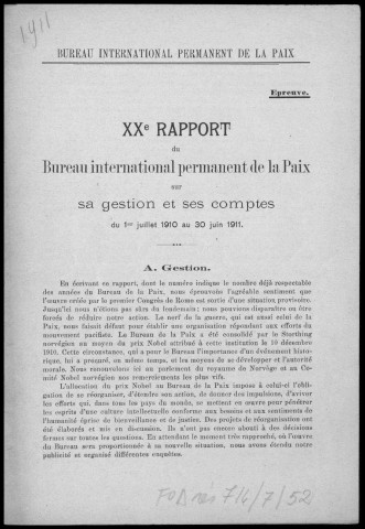 XXe rapport du Bureau international de la paix sur sa gestion et ses comptes du 1er juillet 1910 au 30 juin 1911