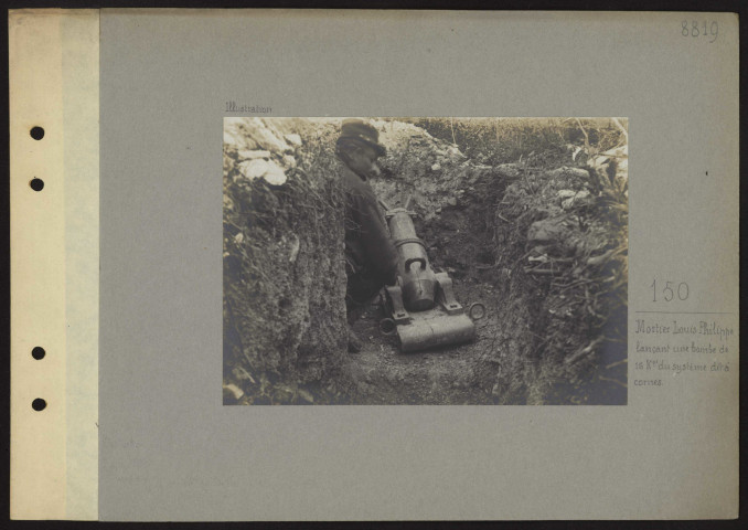 S.l. 150 mortier Louis-Philippe lançant une bombe de 16 kilogrammes du système dit à cornes