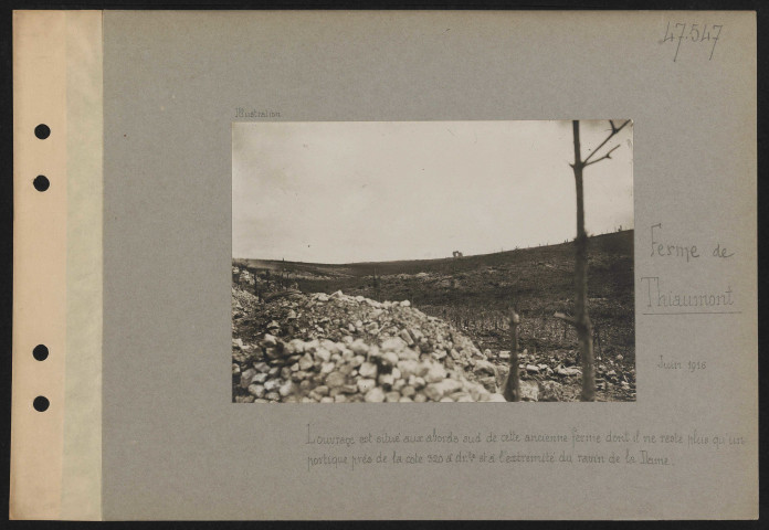 Ferme de Thiaumont. L'ouvrage est situé aux abords sud de cette ancienne ferme dont il ne reste plus qu'un portique près de la Cote 320 à droite et à l'extrémité du Ravin de la Dame