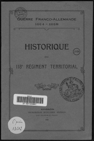 Historique du 118ème régiment territorial d'infanterie