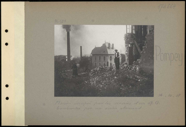 Pompey. Maison occupée part les services d'un QG bombardée par un avion allemand