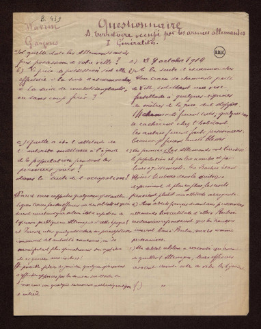 Wavrin (59) : réponses au questionnaire sur le territoire occupé par les armées allemandes