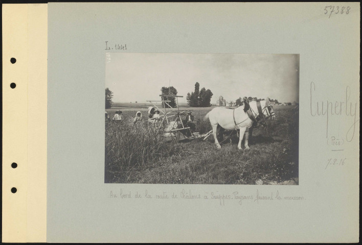 Cuperly (près). Au bord de la route de Châlons à Suippes. Paysans faisant la moisson