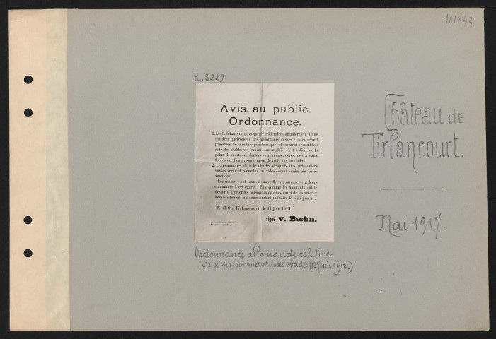 Château de Tirlancourt. Ordonnance allemande relative aux prisonniers russes évadés (12 juin 1915)