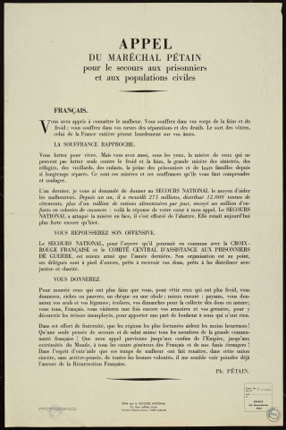 Appel du maréchal Pétain pour le secours aux prisonniers et aux populations civiles