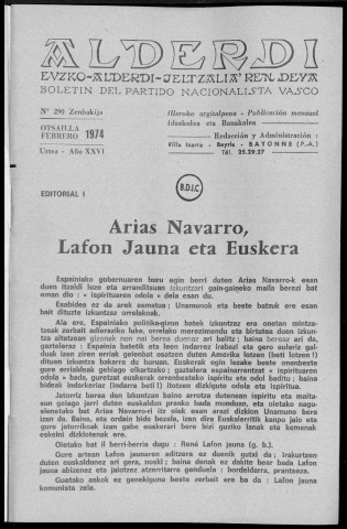 Alderdi (1974 : n° 290-295). Sous-Titre : Boletín del Partido nacionalista vasco