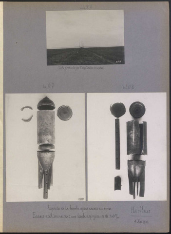 Harfleur. Essais préliminaires d'une bombe asphyxiante de 240 mm. Aspects de la bombe après essais au repos