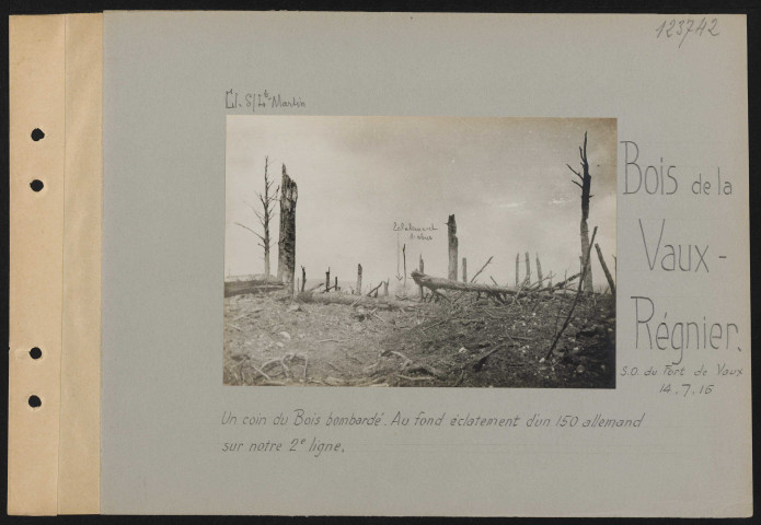 Bois de la Vaux-Régnier (sud-ouest du Fort de Vaux). Un coin du bois bombardé. Au fond, éclatement d'un 150 allemand sur notre deuxième ligne