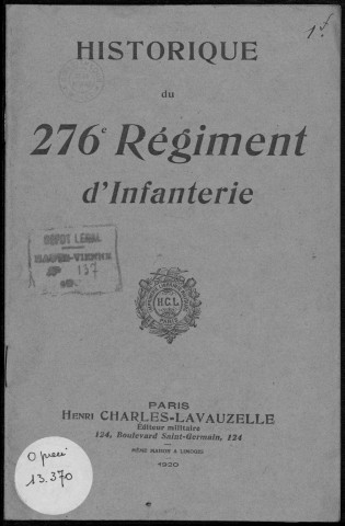 Historique du 276ème régiment d'infanterie