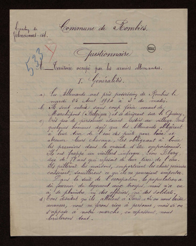 Rombies (59) : réponses au questionnaire sur le territoire occupé par les armées allemandes