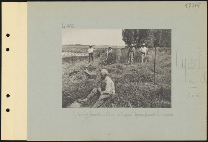 Cuperly (près). Au bord de la route de Châlons à Suippes. Paysans faisant la moisson