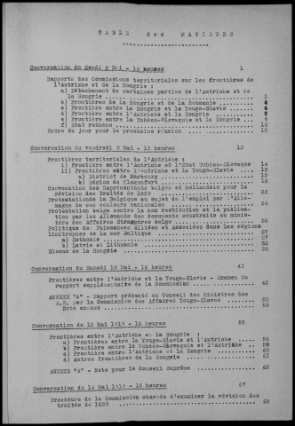 TABLE DES MATIERES : Conférences de Paix. Procès Verbaux et Résolutions.- Conférences et réunions du 8 mai au 3 juin 1919. Sous-Titre : Conférences de la paix