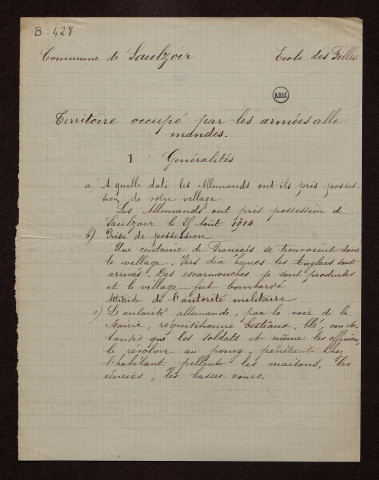Saulzoir (59) : réponses au questionnaire sur le territoire occupé par les armées allemandes