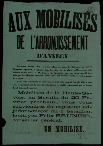 Aux mobilisés de l'arrondissement d'Annecy : un mobilisé