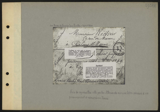 Avis de représailles collé par les Allemands sur une lettre adressée à un prisonnier civil et retournée en France