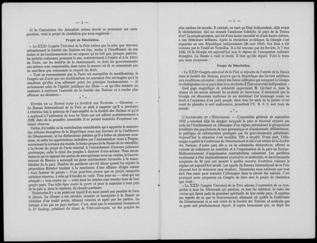Rapport sur les événements de l'année présenté au XXXème Congrès universel de la paix. Locarno, septembre 1934