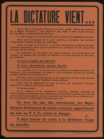La dictature vient& Les républicains nationaux & crient le danger