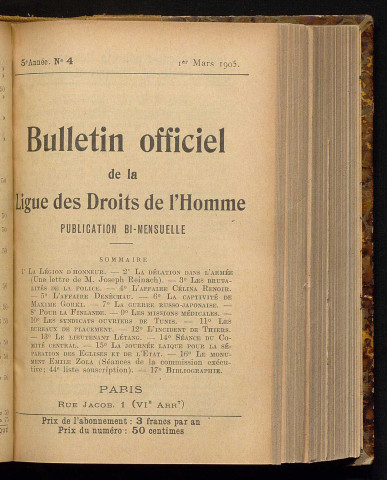 Mars 1905 - Bulletin officiel de la Ligue des Droits de l'Homme