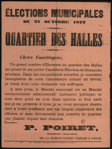 Elections municipales du 27 octobre 1872 : Quartier des Halles Candidat P. Poiret
