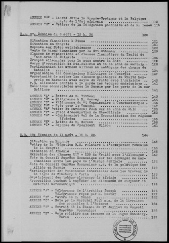 TABLE DES MATIERES : Conférences de Paix. Procès Verbaux et Résolutions.- Conférences et réunions du 6 au 12 août 1919. Sous-Titre : Conférences de la paix