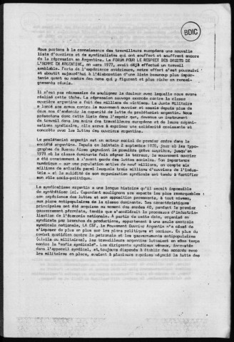 Liste d'ouvriers et de syndicalistes qui ont souffert et souffrent de la répression en Argentine, Paris, 1978. Sous-Titre : Fonds Argentine