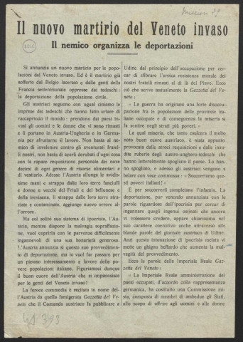 Guerre mondiale 1914-1918. Italie.Tracts de propagande patriotique. Atrocités en Italie