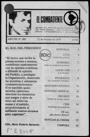 El Combatiente n°268, 21 de octubre de 1979. Sous-Titre : Organo del Partido Revolucionario de los Trabajadores por la revolución obrera latinoamericana y socialista
